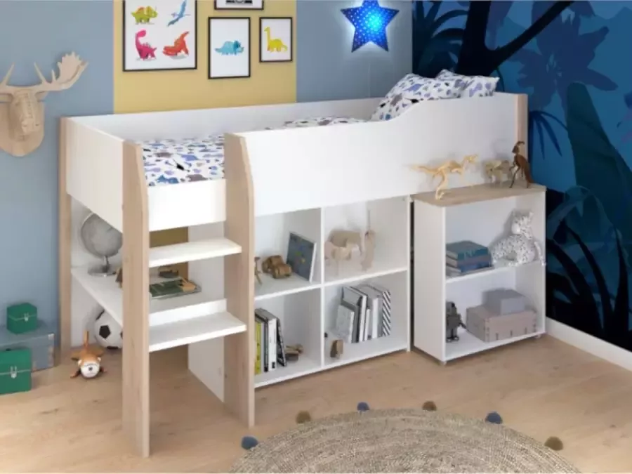 Bed MARIA met geïntegreerd bureau en opbergruimte 90x200cm Wit en eikenkleur + matras L 208 cm x H 118 cm x D 183 cm - Foto 2