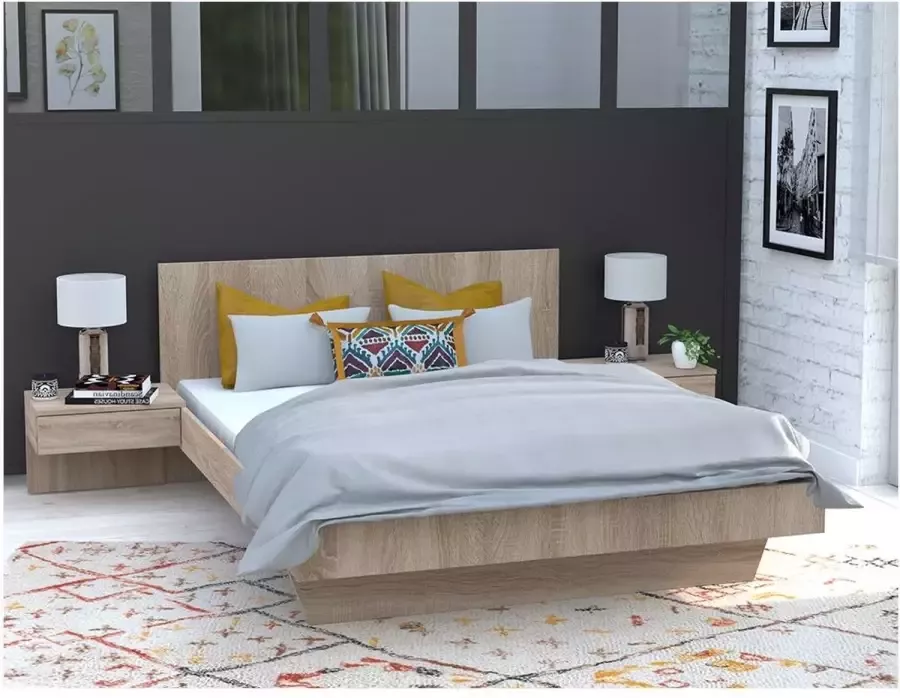 Vente-unique Bed met nachtkastjes 140 x 190 cm Eikenkleur MARVELLOUS L 234 cm x H 74.9 cm x D 192.2 cm