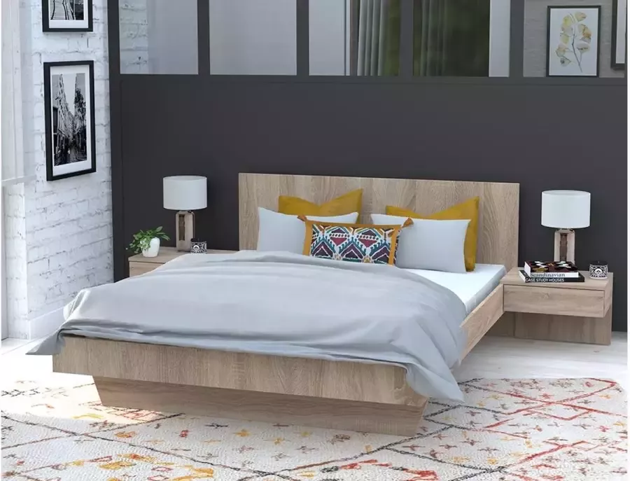 Vente-unique Bed met nachtkastjes 140 x 190 cm Eikenkleur MARVELLOUS L 234 cm x H 74.9 cm x D 192.2 cm - Foto 4