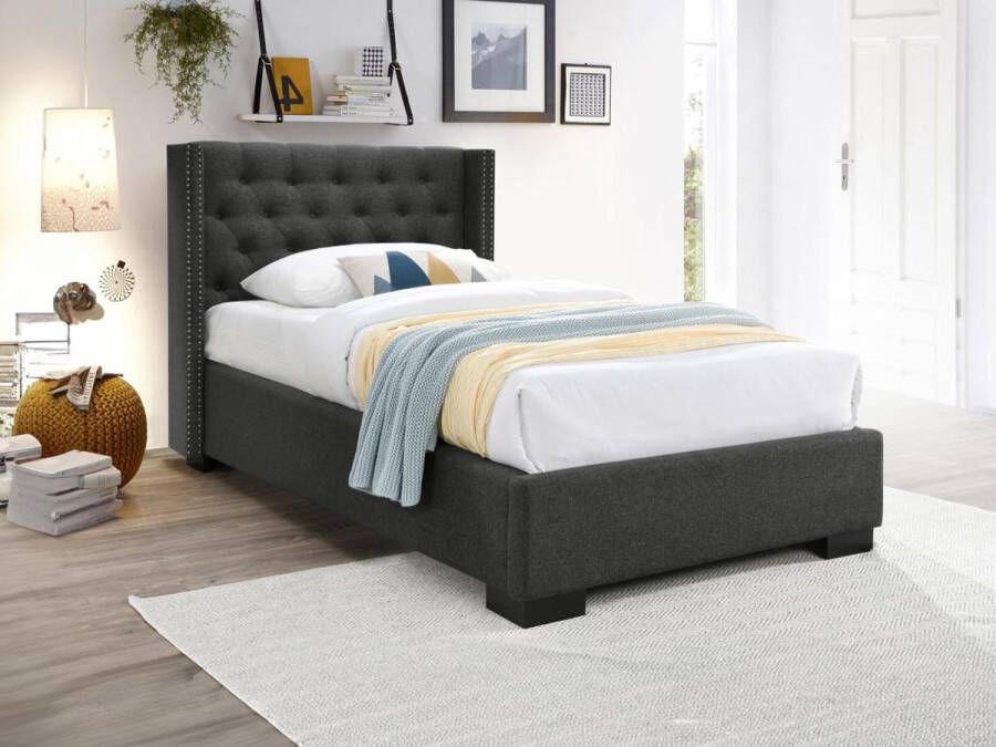 Vente-unique Bed MASSIMO gewatteerd hoofdbord met capitons 90 x 200 cm Grijze stof L 216 cm x H 111.5 cm x D 114 cm