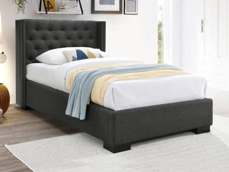 Vente-unique Bed MASSIMO gewatteerd hoofdbord met capitons 90 x 200 cm Grijze stof L 216 cm x H 111.5 cm x D 114 cm - Foto 2