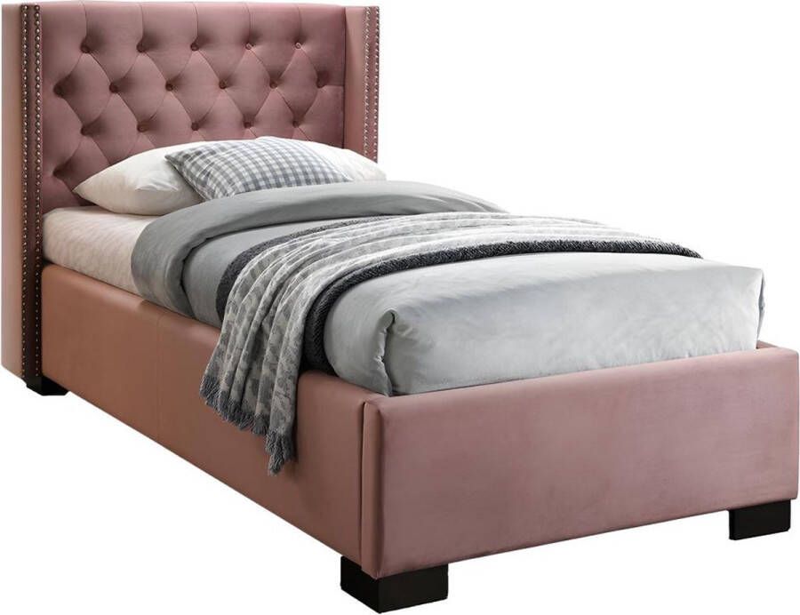 Bed MASSIMO gestoffeerde hoofdeinde met capitons 90x200 cm Roze fluweel L 216 cm x H 111.5 cm x D 114 cm
