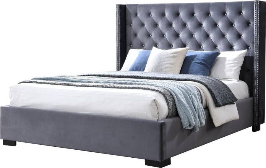 Vente-unique Bed MASSIMO gevoerd hoofdeinde 160 x 200 cm Fluweel Grijs L 183.5 cm x H 141.5 cm x D 215.5 cm - Foto 4