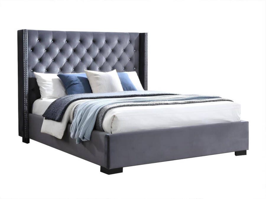Vente-unique Bed MASSIMO gevoerd hoofdeinde 160 x 200 cm Fluweel Grijs L 183.5 cm x H 141.5 cm x D 215.5 cm