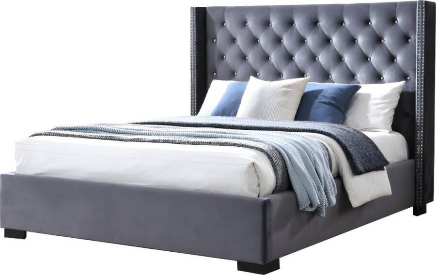 Bed MASSIMO gevoerd hoofdeinde 160 x 200 cm Fluweel Grijs L 183.5 cm x H 141.5 cm x D 215.5 cm