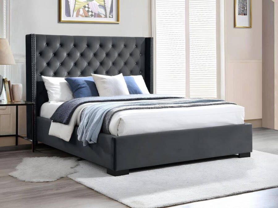 Vente-unique Bed MASSIMO gevoerd hoofdeinde 160 x 200 cm Fluweel Grijs L 183.5 cm x H 141.5 cm x D 215.5 cm - Foto 2