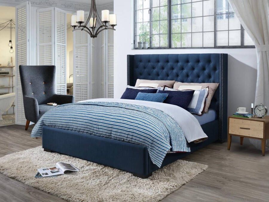 Bed MASSIMO gewatteerd hoofdeinde 180 x 200 cm Stof blauw L 215 cm x H 141 cm x D 203 cm