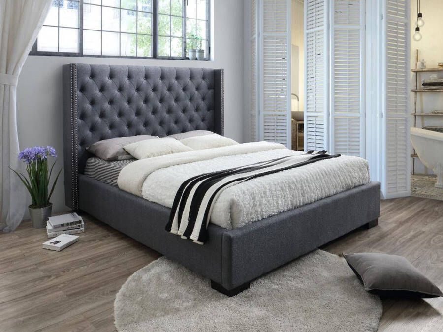 Vente-unique Bed MASSIMO gewatteerd hoofdbord 180 x 200 cm Grijze stof L 215 cm x H 141 cm x D 203 cm