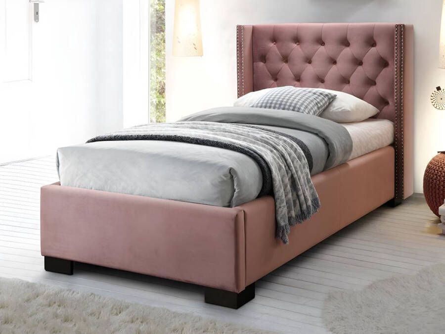 Bed MASSIMO met gewatteerd hoofdbord 90 x 200 cm Roze fluweel + Matras L 216 cm x H 111.5 cm x D 114 cm