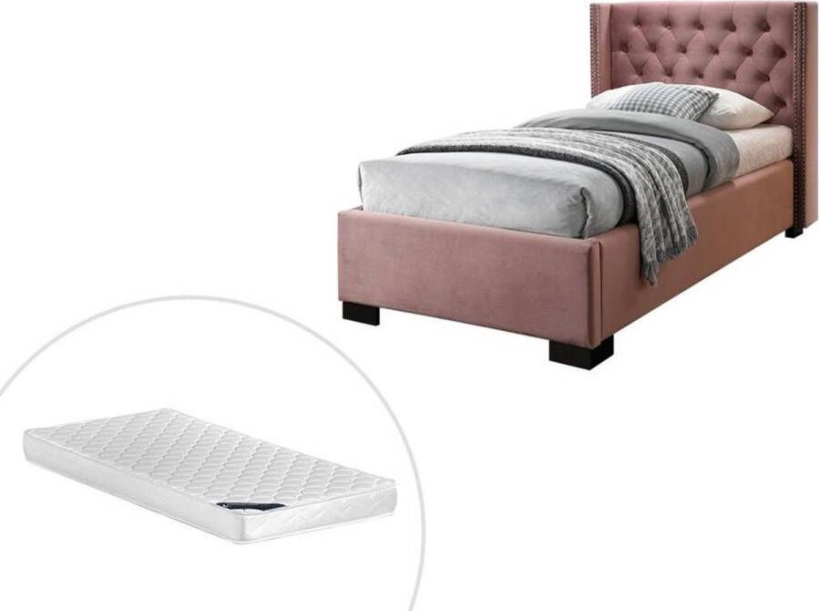 Bed MASSIMO met gewatteerd hoofdbord 90 x 200 cm Roze fluweel + Matras L 216 cm x H 111.5 cm x D 114 cm - Foto 1