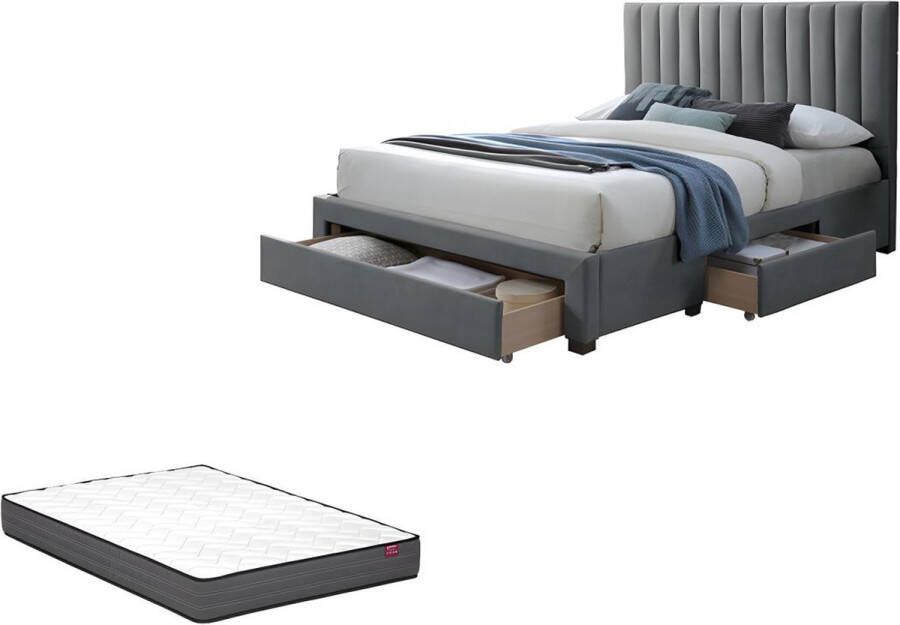 Vente-unique Bed met 3 laden 160 x 200 cm Stof Grijs + Matras LIAKO L 174 cm x H 123.2 cm x D 217 cm - Foto 3