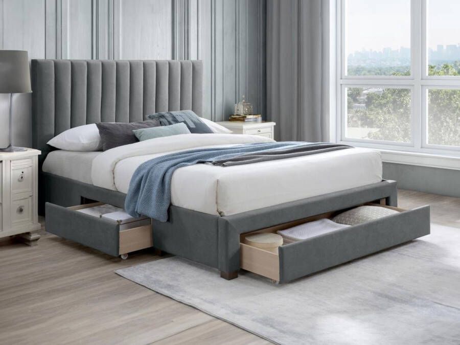Vente-unique Bed met 3 lades 160 x 200 cm Stoffen bekleding Grijs LIAKO L 174 cm x H 123.2 cm x D 217 cm