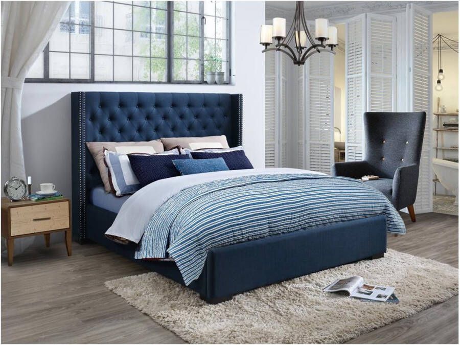 Bed met gestoffeerd hoofdbord 160 x 200 cm Stof Blauw + matras MASSIMO II L 183.5 cm x H 141.5 cm x D 215.5 cm