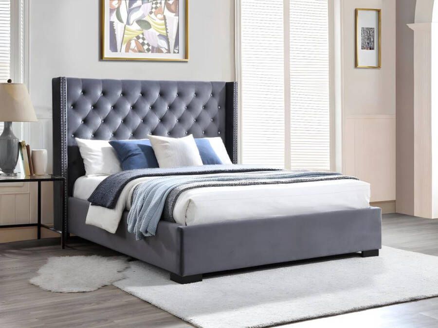 Vente-unique Bed met gestoffeerd hoofdbord 160 x 200 cm Velours Grijs + matras MASSIMO II L 183.5 cm x H 141.5 cm x D 215.5 cm