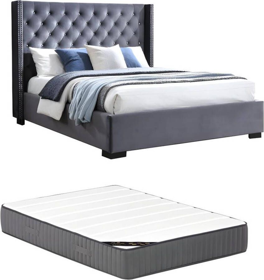 Vente-unique Bed met gestoffeerd hoofdbord 160 x 200 cm Velours Grijs + matras MASSIMO II L 183.5 cm x H 141.5 cm x D 215.5 cm - Foto 3