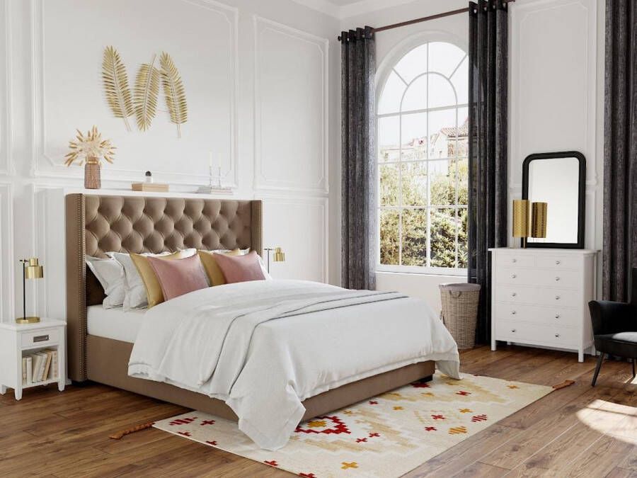 Vente-unique Bed met gewatteerd hoofdbord 140 x 200 cm Stof Beige MASSIMO L 163.5 cm x H 141.5 cm x D 215.5 cm - Foto 2