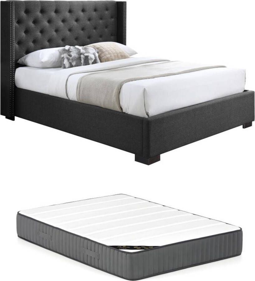 Bed met gestoffeerd hoofdeinde 140 x 200 cm Stof Grijs + matras MASSIMO L 163.5 cm x H 141.5 cm x D 215.5 cm
