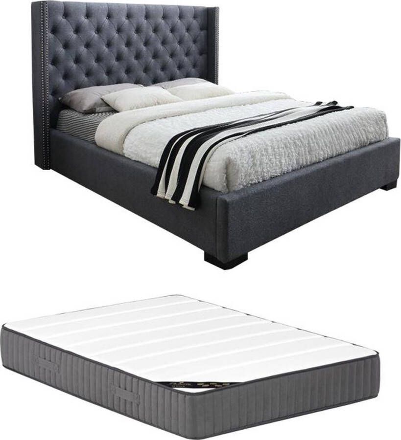 Bed met gestoffeerd hoofdeinde 140 x 200 cm Stof Grijs + matras MASSIMO L 163.5 cm x H 141.5 cm x D 215.5 cm - Foto 3