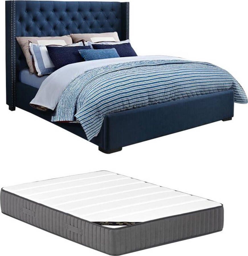 Bed met gestoffeerd hoofdeinde 180 x 200 cm Stof Blauw + matras MASSIMO II L 215 cm x H 141 cm x D 203 cm