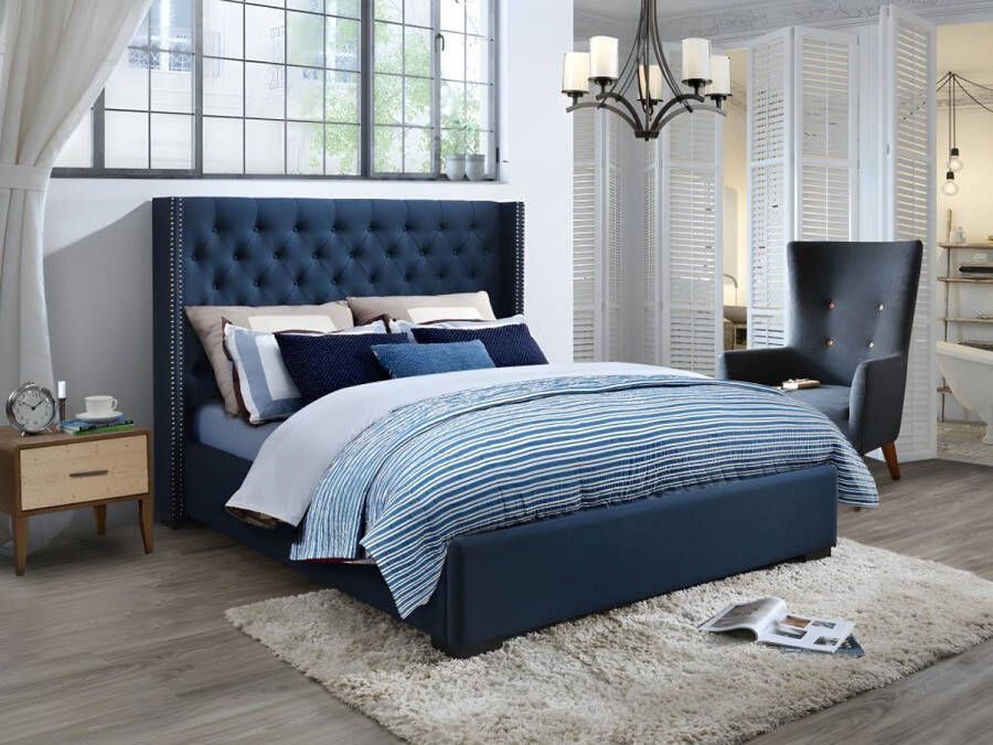 Bed met gestoffeerd hoofdeinde 180 x 200 cm Stof Blauw + matras MASSIMO II L 215 cm x H 141 cm x D 203 cm - Foto 2
