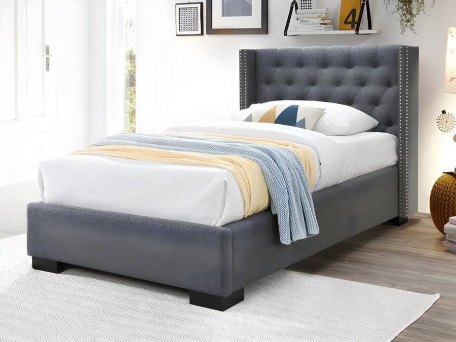Bed met gestoffeerd hoofdeinde 90 x 200 cm Stof Grijs + matras MASSIMO II L 216 cm x H 111.5 cm x D 114 cm