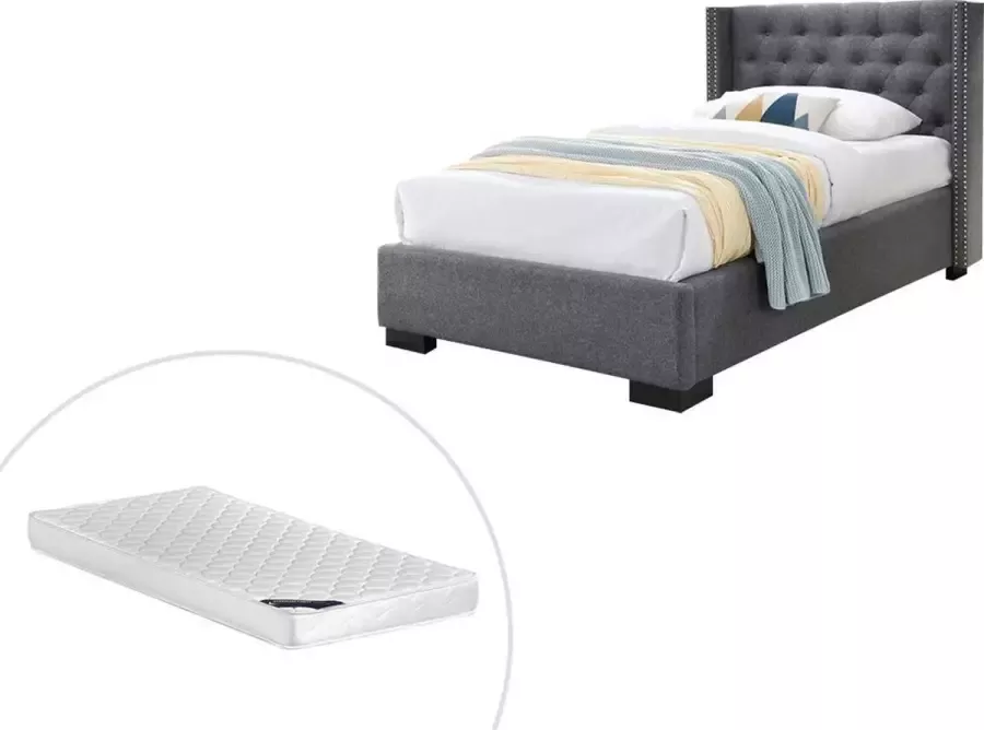 Bed met gestoffeerd hoofdeinde 90 x 200 cm Stof Grijs + matras MASSIMO II L 216 cm x H 111.5 cm x D 114 cm - Foto 3