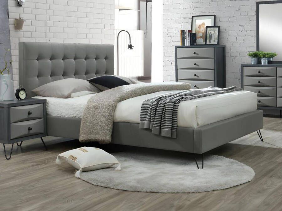 Vente-unique Bed met gewatteerd hoofdbord COSTANZA Stof 140 x 190 cm – Grijs L 148 cm x H 110.5 cm x D 205 cm - Foto 2