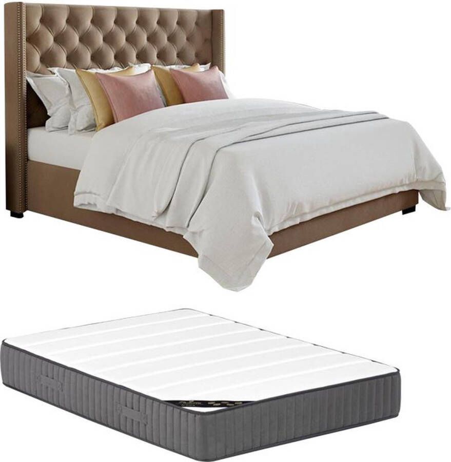 Bed met gewatteerd hoofdeinde 160 x 200 cm Stof Beige + matras MASSIMO II L 183.5 cm x H 141.5 cm x D 215.5 cm