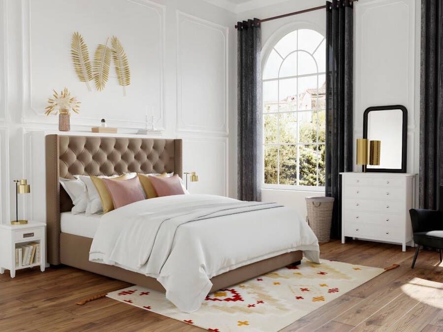 Bed met gewatteerd hoofdeinde 160 x 200 cm Stof Beige + matras MASSIMO II L 183.5 cm x H 141.5 cm x D 215.5 cm - Foto 2
