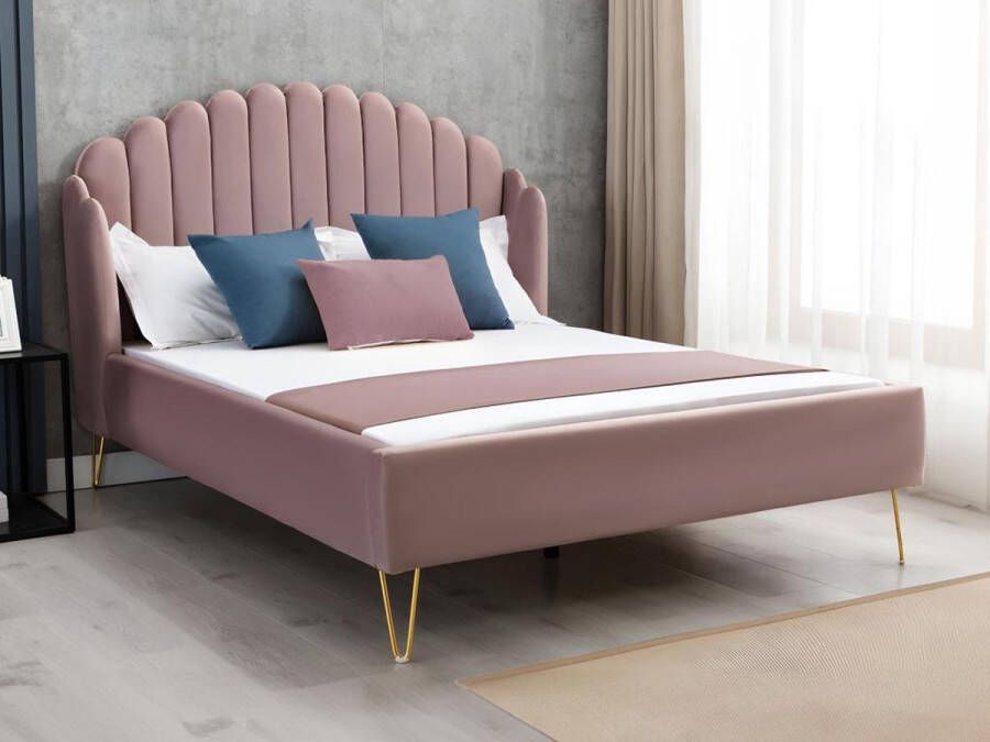 Bed met glooiend hoofdeinde 140 x 190 cm Fluweel Oud roze SAGALI L 158 cm x H 126 cm x D 203 cm