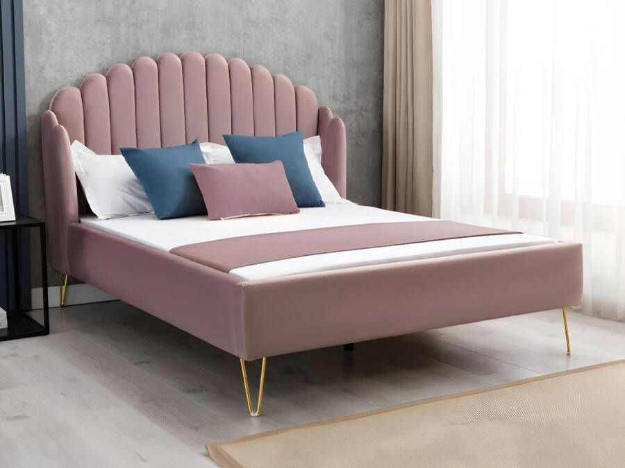 Bed met glooiend hoofdeinde 160 x 200 cm Fluweel Oud roze SAGALI L 178 cm x H 126 cm x D 213 cm