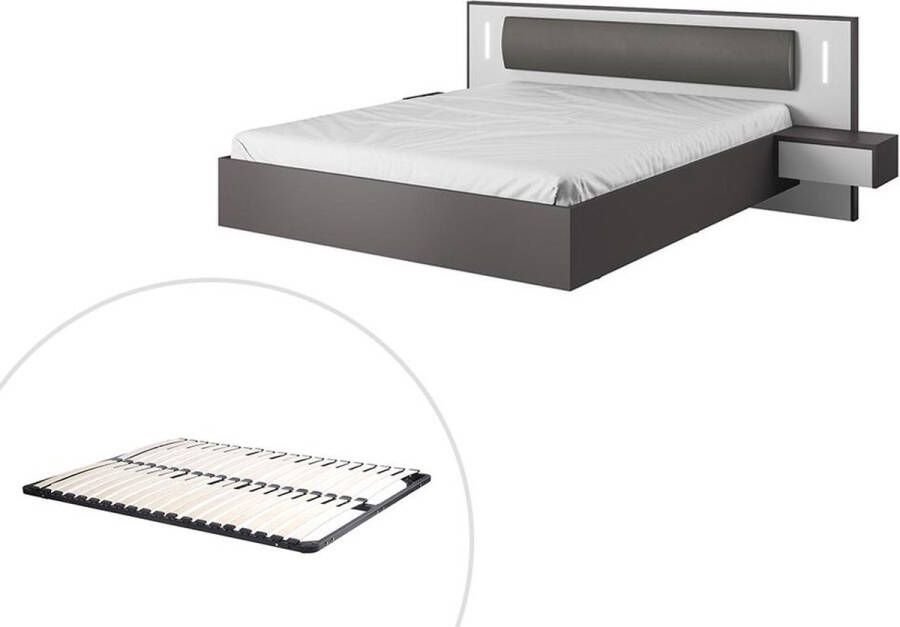 Vente-unique Bed met hangende nachtkastjes 160 x 200 cm Met ledverlichting Grijs en wit + Bedbodem SEGOLA L 256 cm x H 92 cm x D 208 cm