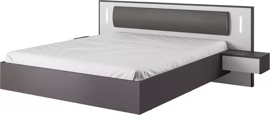 Vente-unique Bed met hangende nachtkastjes 160 x 200 cm Met ledverlichting Grijs en wit- SEGOLA L 256 cm x H 92 cm x D 208 cm - Foto 3
