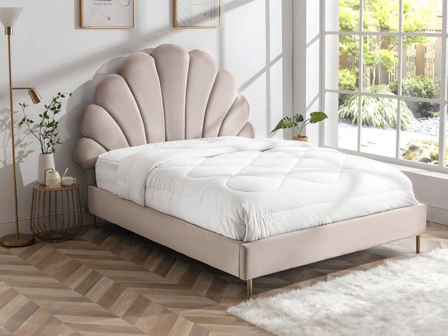 Bed met hoofdeinde in schelpvorm 160 x 200 cm Fluweel Beige LIVAYA L 187 cm x H 150 cm x D 215 cm
