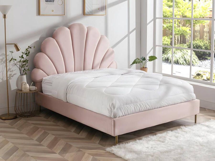 Bed met hoofdeinde in schelpvorm 160 x 200 cm Fluweel Roze LIVAYA L 187 cm x H 150 cm x D 215 cm