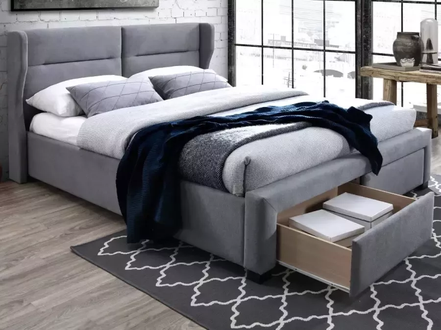 Bed met hoofdeinde met kussens Met lades 160 x 200 cm Grijze stof ALESSANDRO L 216 cm x H 106 cm x D 178 cm - Foto 3