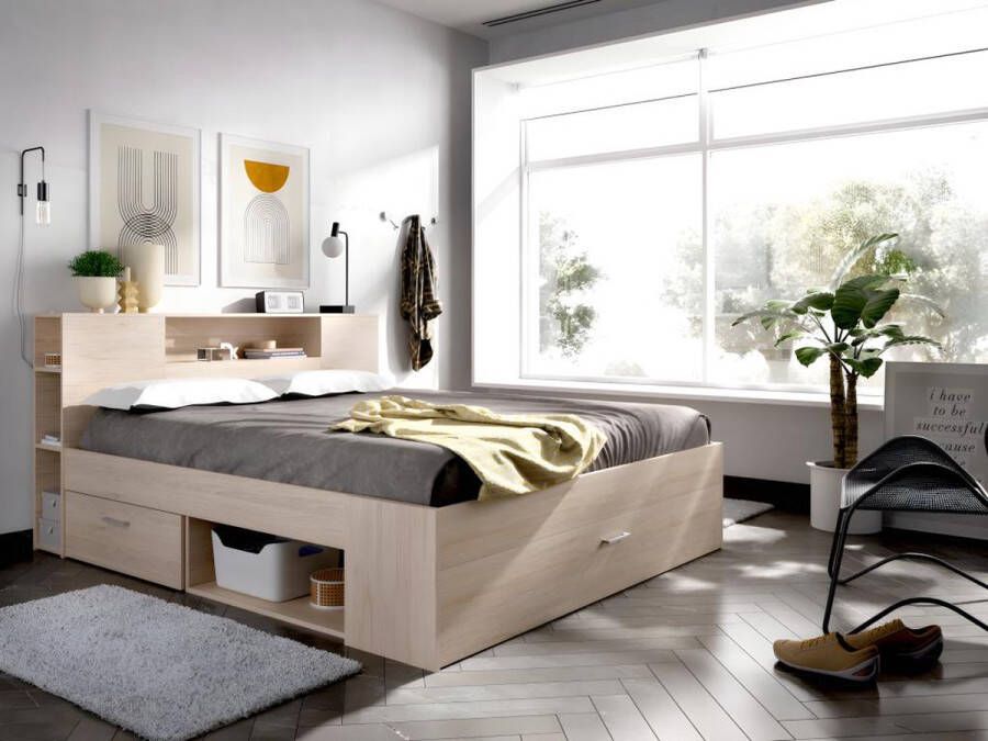 Vente-unique Bed met hoofdeinde met opbergruimte en lades 140 x 190 cm naturel + bedbodem + matras LEANDRE L 218.5 cm x H 95 cm x D 149.6 cm