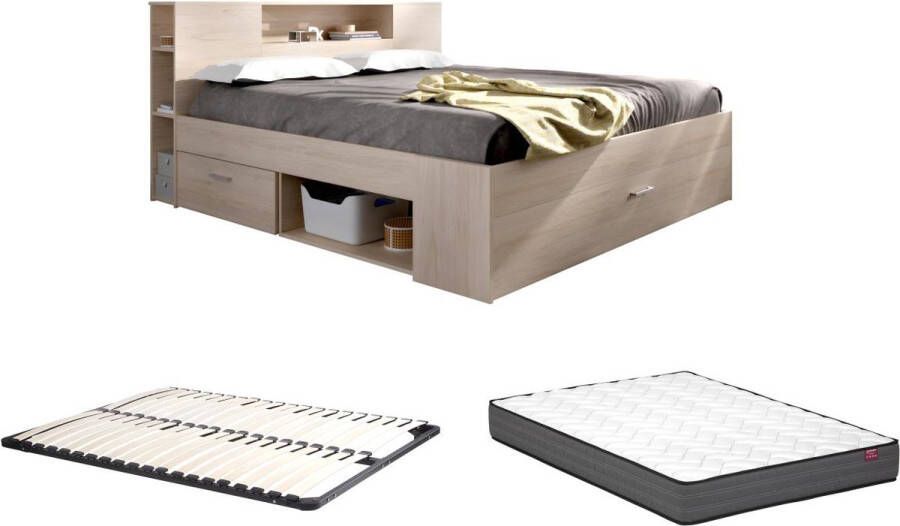 Vente-unique Bed met hoofdeinde met opbergruimte en lades 140 x 190 cm naturel + bedbodem + matras LEANDRE L 218.5 cm x H 95 cm x D 149.6 cm - Foto 2