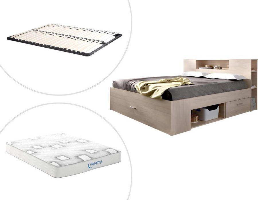 Vente-unique Bed met hoofdeinde met opbergruimte en lades 140 x 190 cm naturel + bedbodem + matras LEANDRE L 218.5 cm x H 95 cm x D 149.6 cm - Foto 3