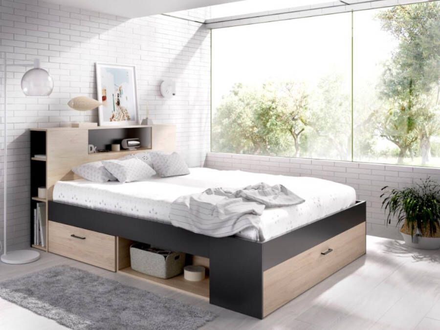 Vente-unique Bed met hoofdeinde met opbergruimte en lades 140 x 190 cm naturel en antraciet + Bedbodem LEANDRE L 218.5 cm x H 95 cm x D 149.6 cm