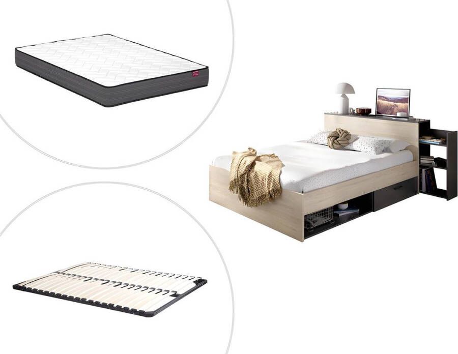 Bed met hoofdeinde met opbergruimte en lades 140 x 190 cm naturel en antraciet + bedbodem + matras FLORIAN L 223 cm x H 83 cm x D 146 cm