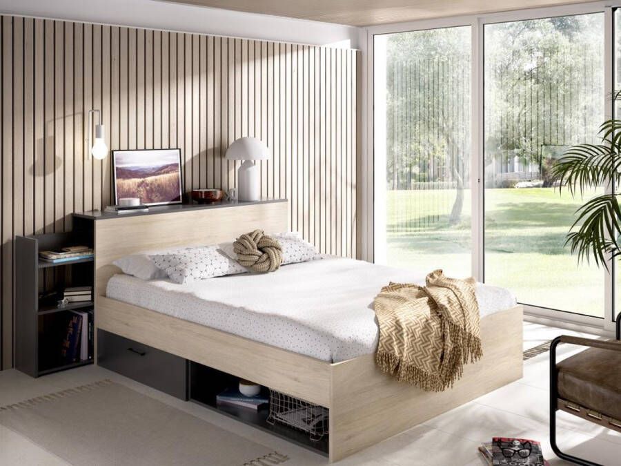 Bed met hoofdeinde met opbergruimte en lades 140 x 190 cm naturel en antraciet + bedbodem + matras FLORIAN L 223 cm x H 83 cm x D 146 cm