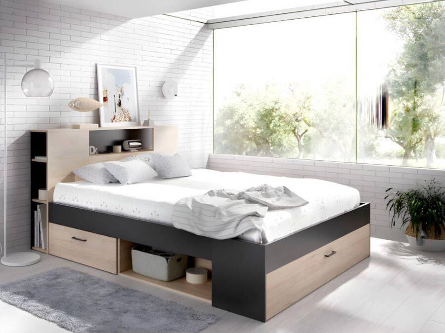 Vente-unique Bed met hoofdeinde met opbergruimte en lades 140 x 190 cm naturel en antraciet + bedbodem + matras LEANDRE L 218.5 cm x H 95 cm x D 149.6 cm