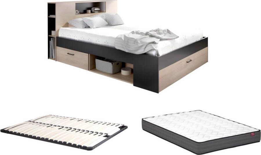 Vente-unique Bed met hoofdeinde met opbergruimte en lades 140 x 190 cm naturel en antraciet + bedbodem + matras LEANDRE L 218.5 cm x H 95 cm x D 149.6 cm - Foto 2