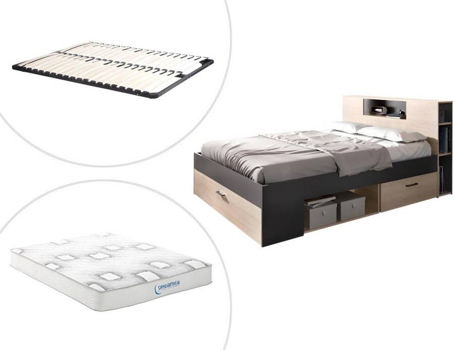 Vente-unique Bed met hoofdeinde met opbergruimte en lades 140 x 190 cm naturel en antraciet + bedbodem + matras LEANDRE L 218.5 cm x H 95 cm x D 149.6 cm - Foto 3