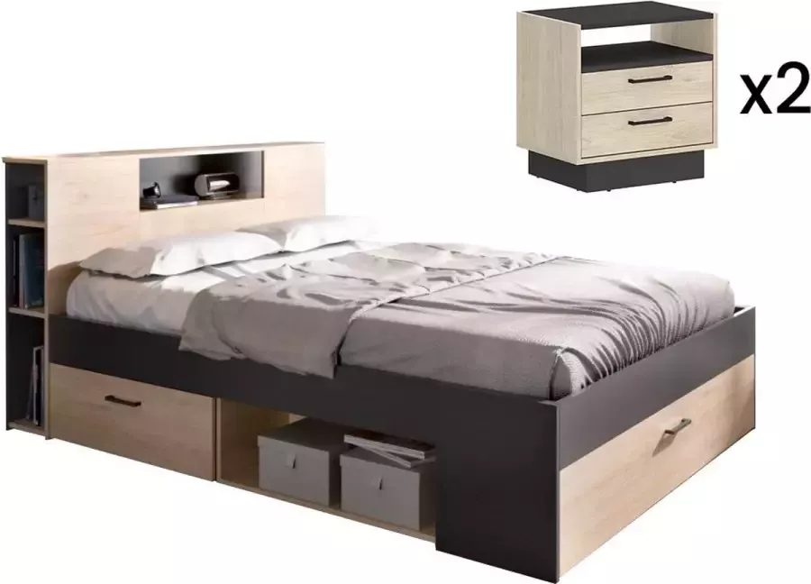 Vente-unique Bed met hoofdeinde met opbergruimte en lades 140 x 190 cm naturel en antraciet + nachtkastjes LEANDRE L 218.5 cm x H 95 cm x D 149.6 cm - Foto 3