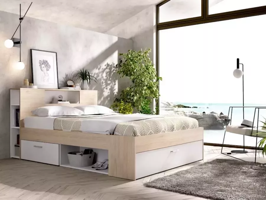 Vente-unique Bed met hoofdeinde met opbergruimte en lades 140 x 190 cm naturel en wit + bedbodem LEANDRE L 218.5 cm x H 95 cm x D 149.6 cm - Foto 4