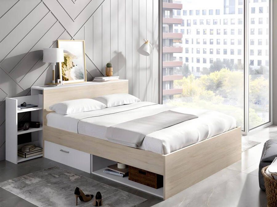 Bed met hoofdeinde met opbergruimte en lades 140 x 190 cm naturel en wit + bedbodem + matras FLORIAN L 223 cm x H 85 cm x D 146 cm