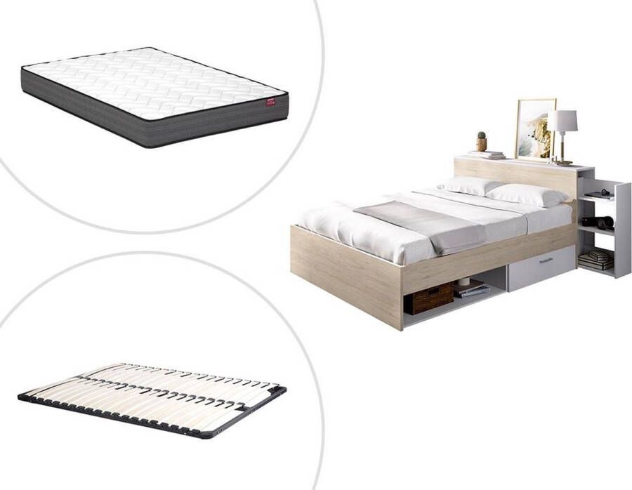 Bed met hoofdeinde met opbergruimte en lades 140 x 190 cm naturel en wit + bedbodem + matras FLORIAN L 223 cm x H 85 cm x D 146 cm - Foto 2