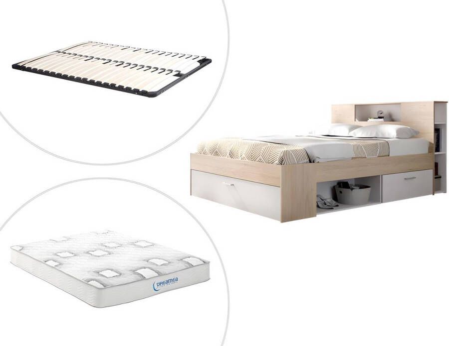 Bed met hoofdeinde met opbergruimte en lades 140 x 190 cm naturel en wit + bedbodem + matras LEANDRE L 218.5 cm x H 95 cm x D 149.6 cm